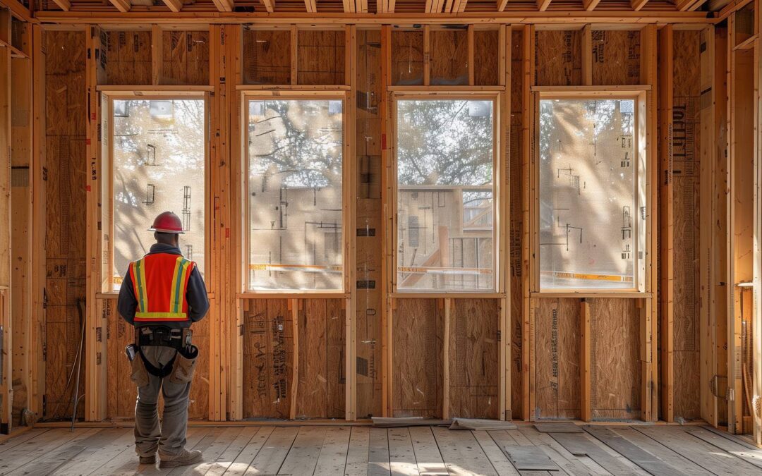 Worker supervising the work in a house under construction